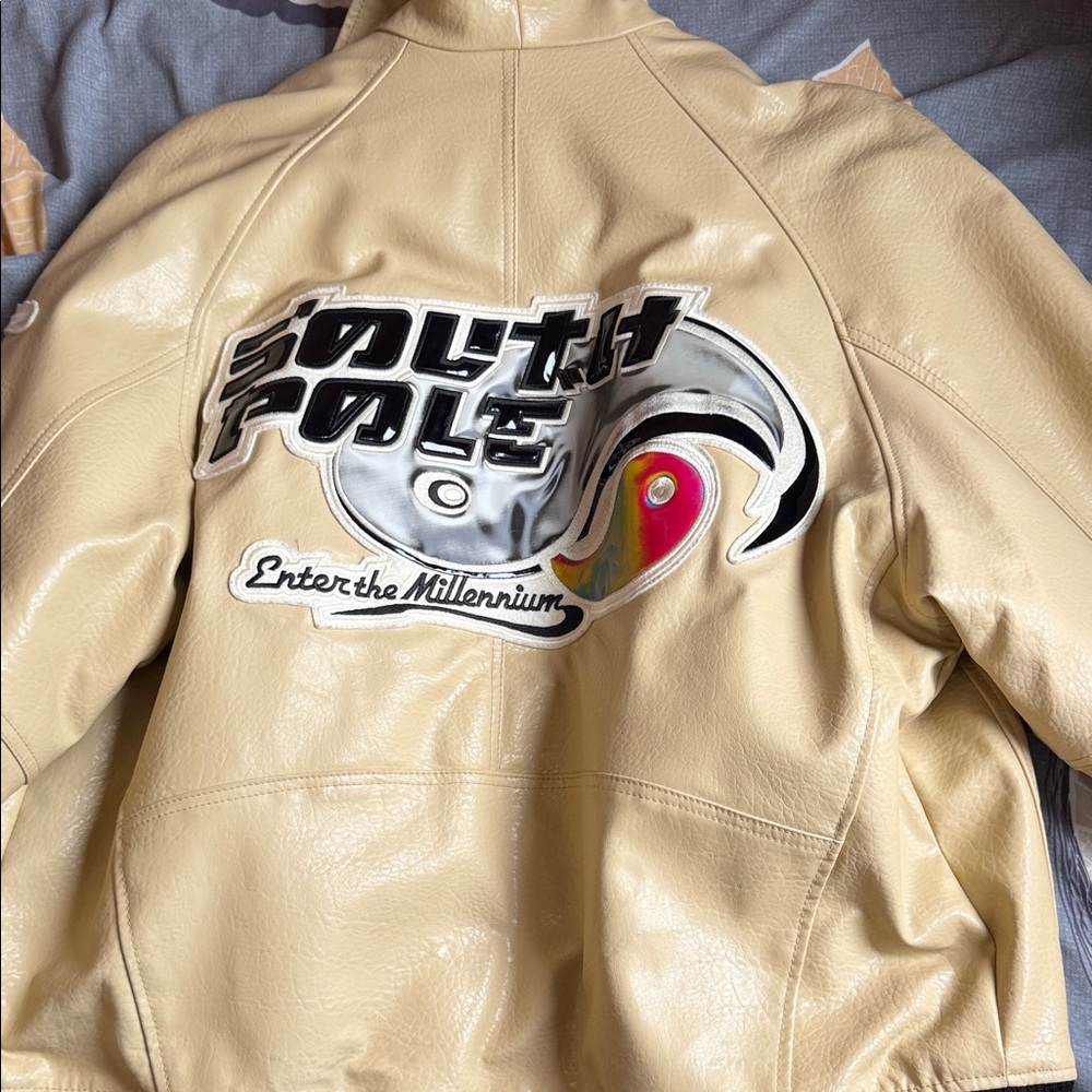 South Pole Cream Leather Varsity Jacket with Black Patch
